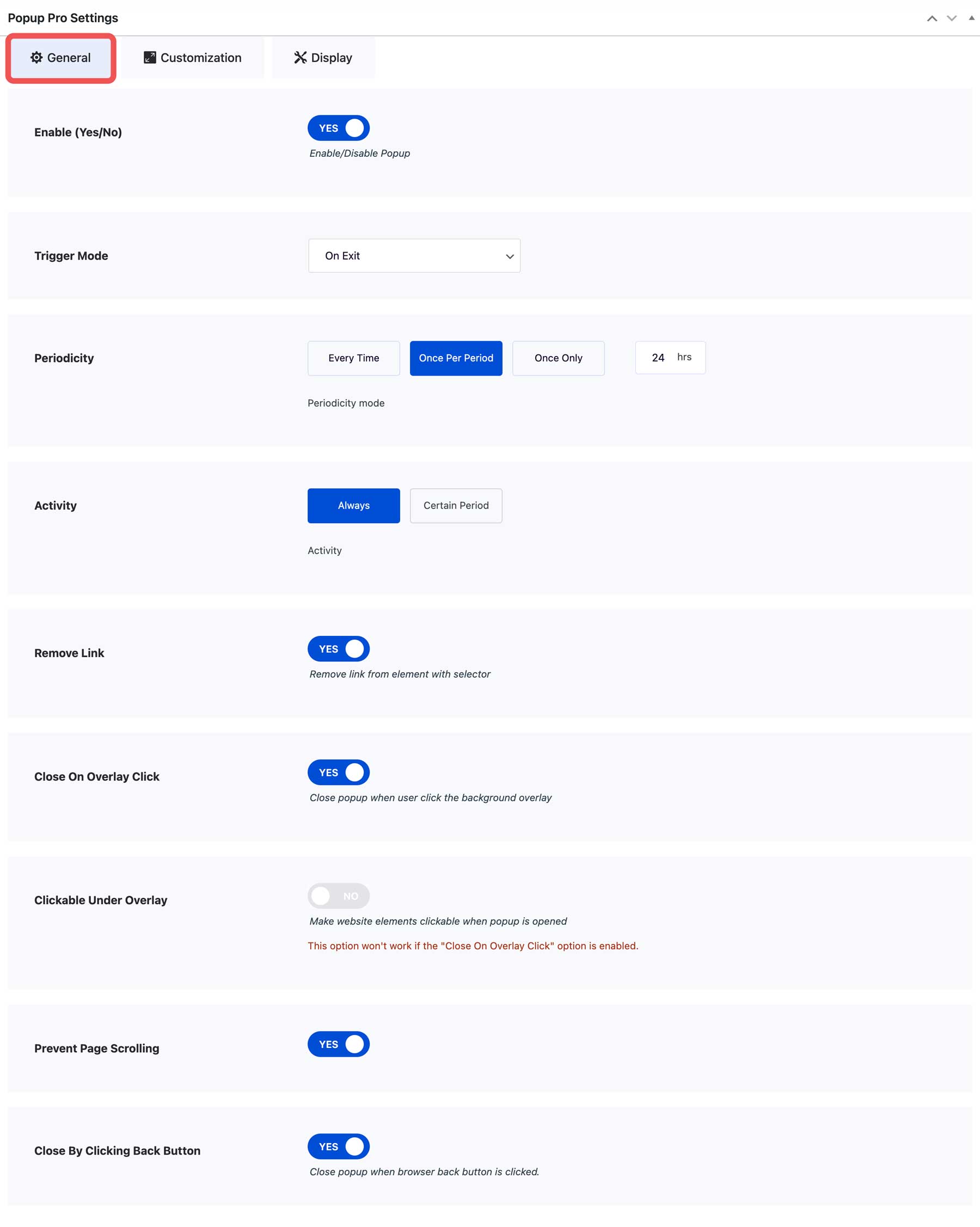 Divi Essential popup settings