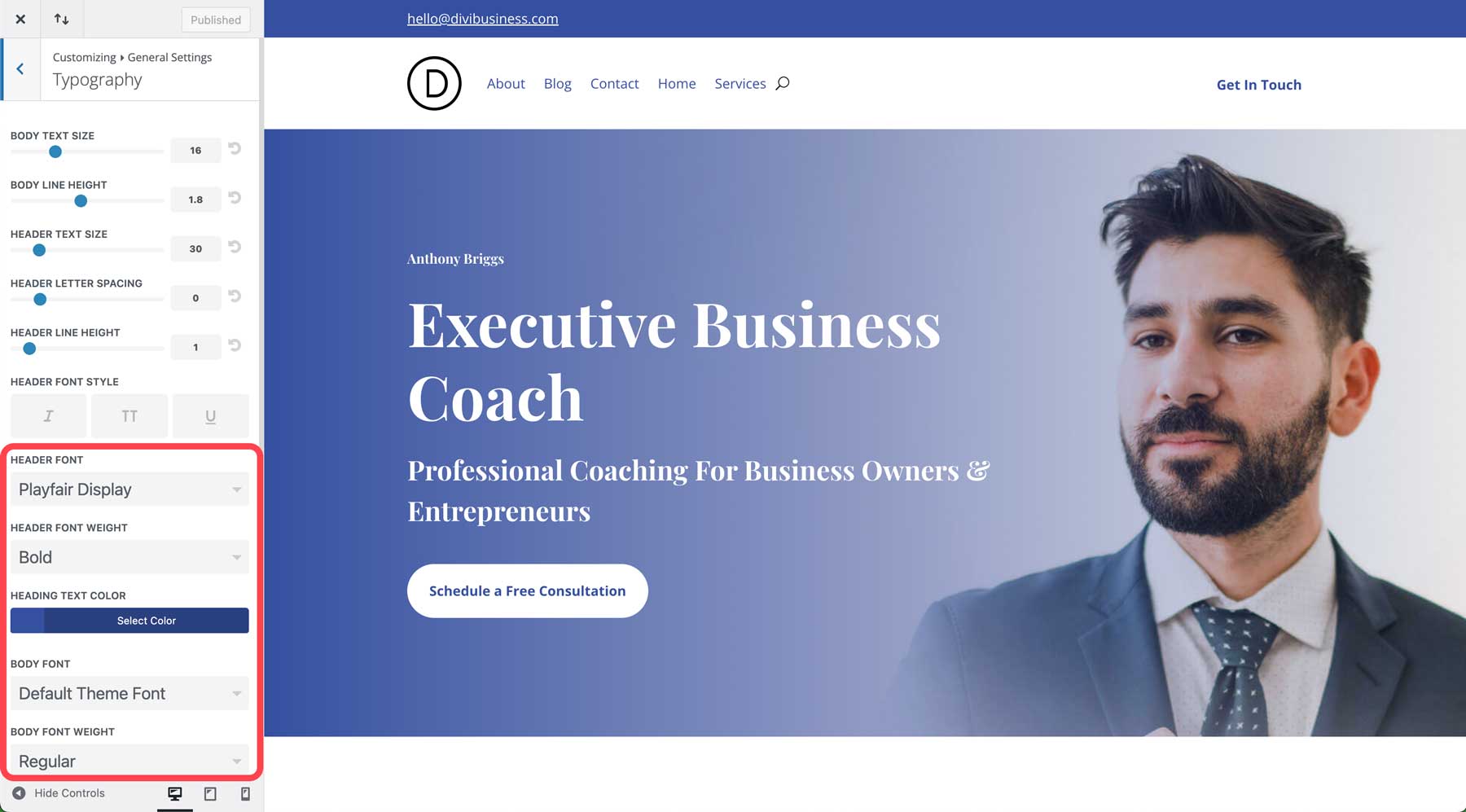 business coach starter site for Divi