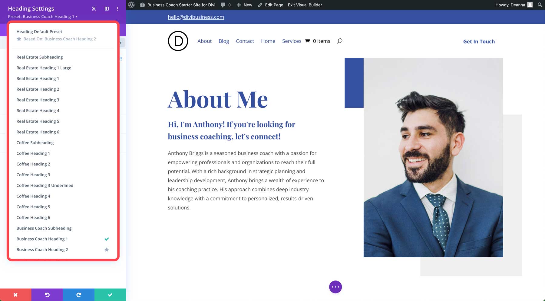 business coach starter site for Divi