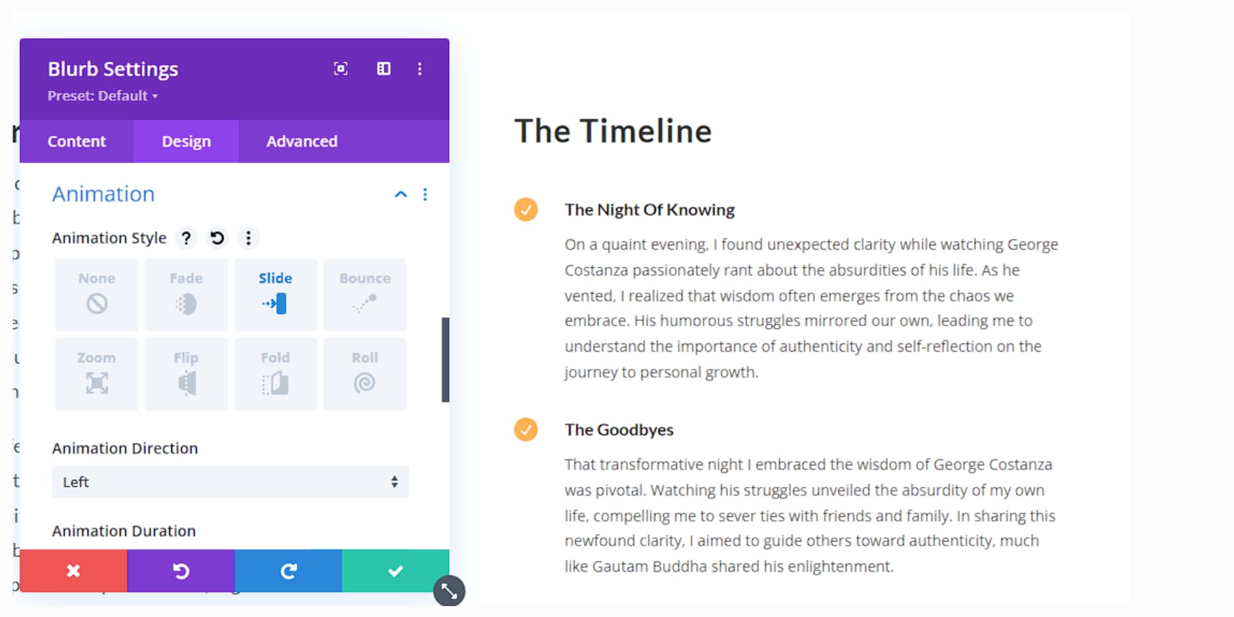 A screenshot how to add animation effects on the storytelling elements in Divi
