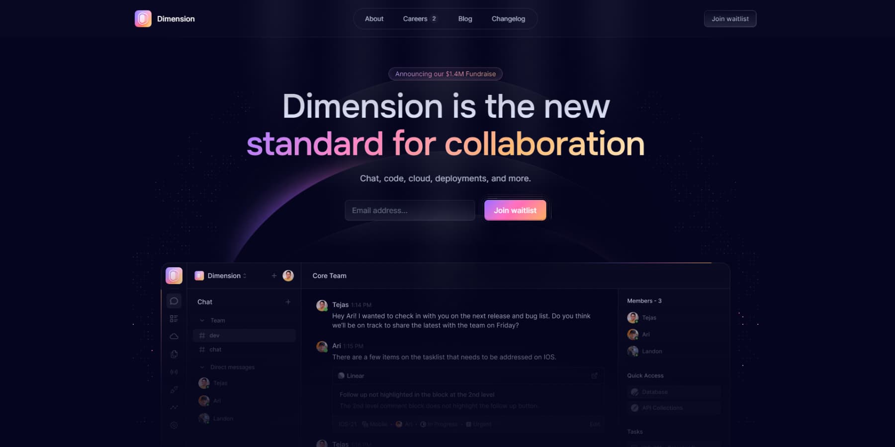 An example of Dark color scheme on a website from Dimension