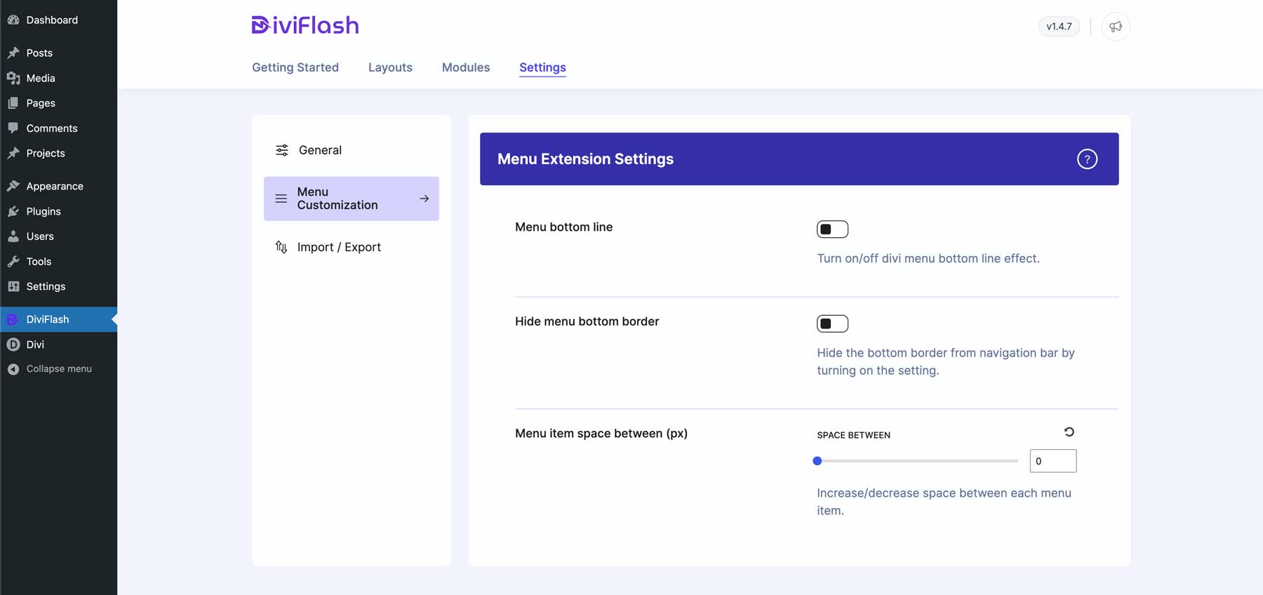 Divi Flash menu customization options