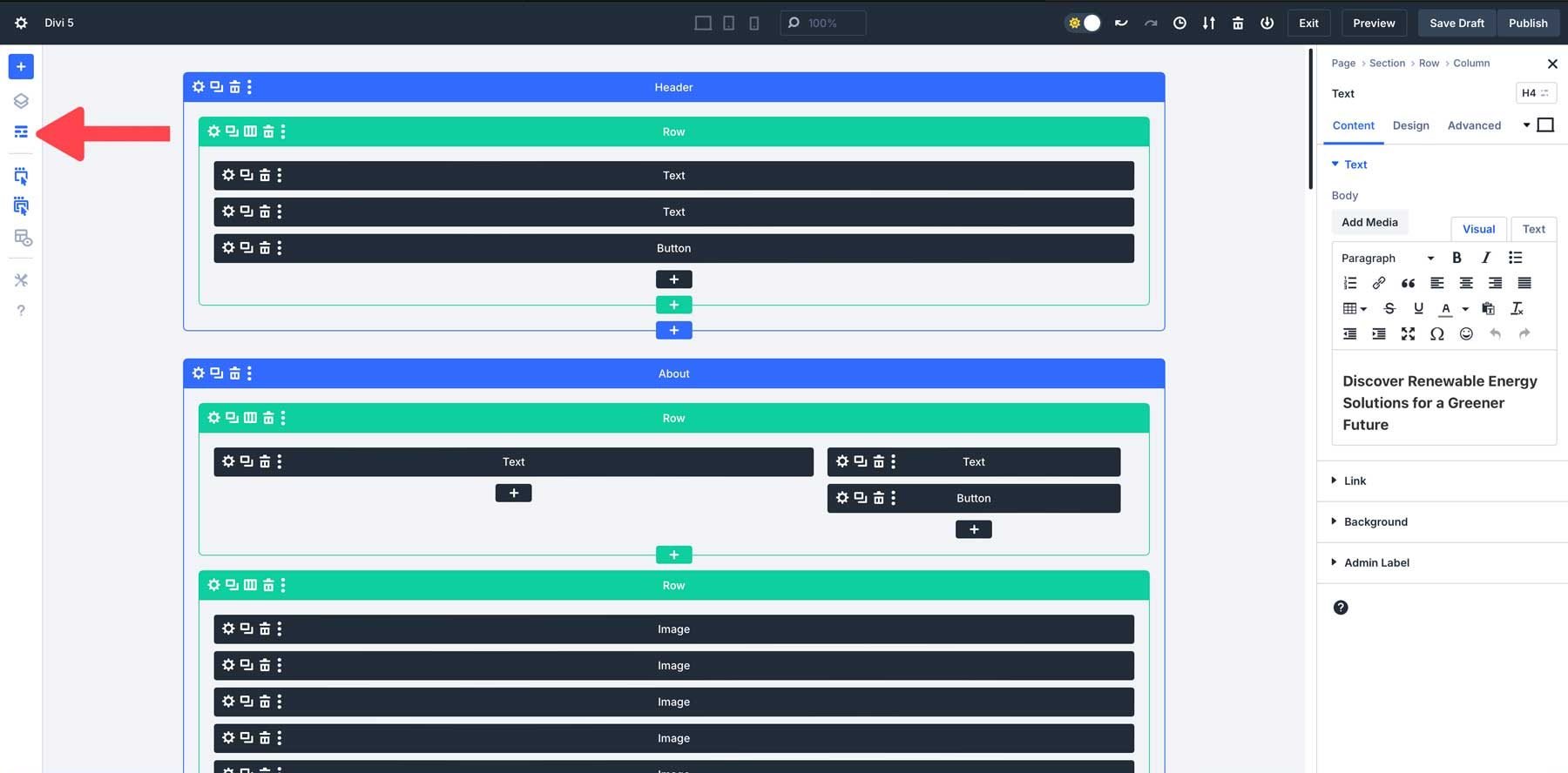 Divi 5 wireframe view