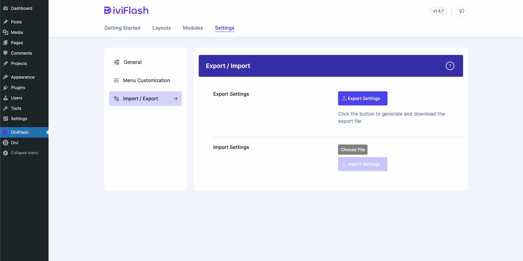 Divi Flash import export options