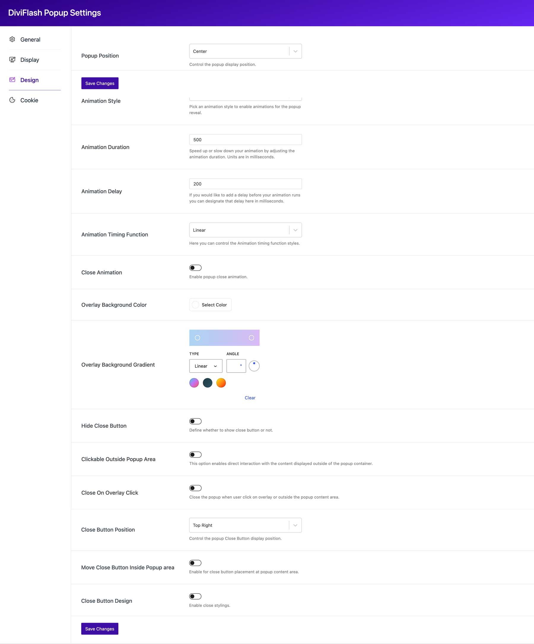 Divi Flash popup design settings