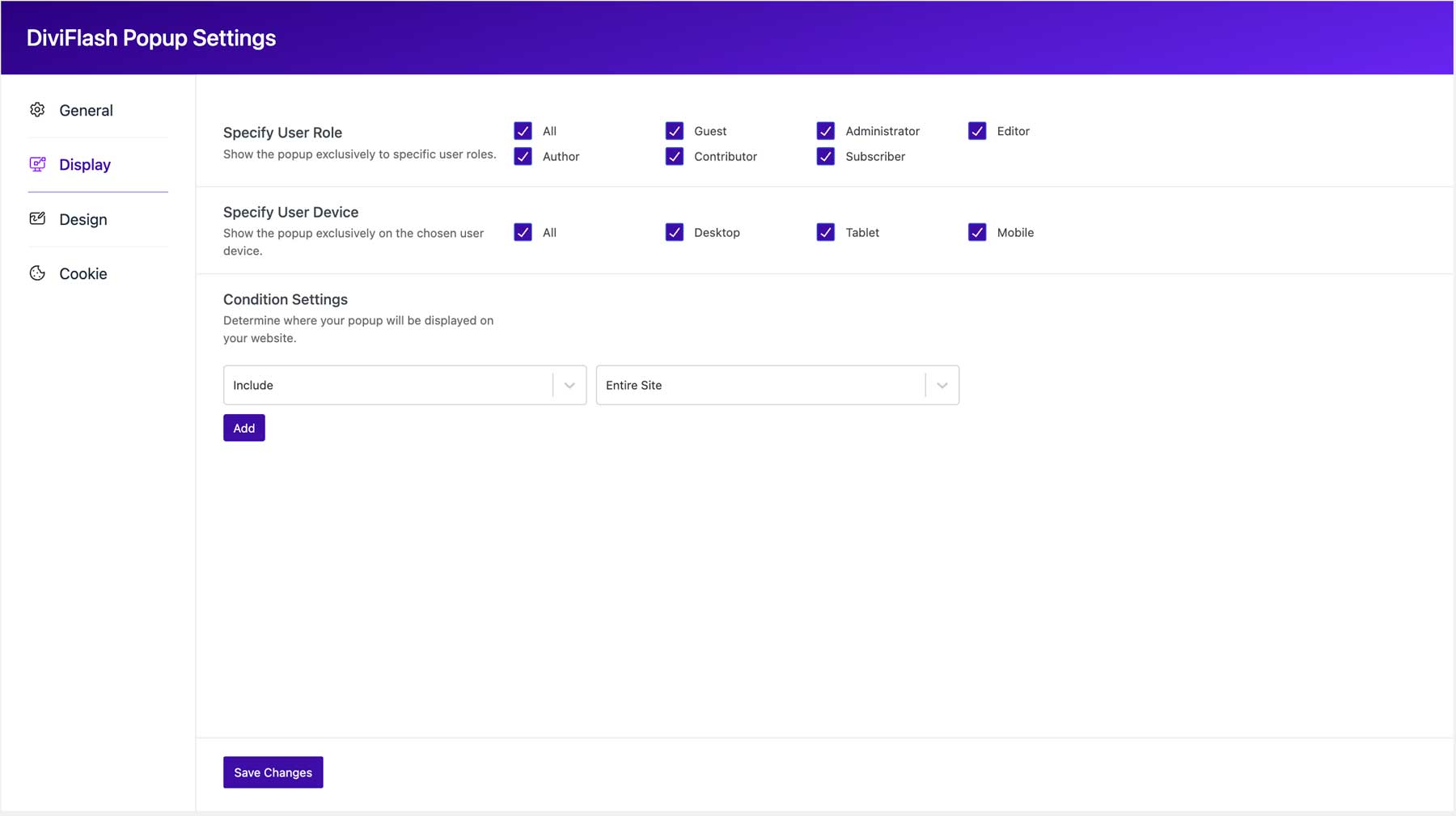 Divi Flash popup display settings