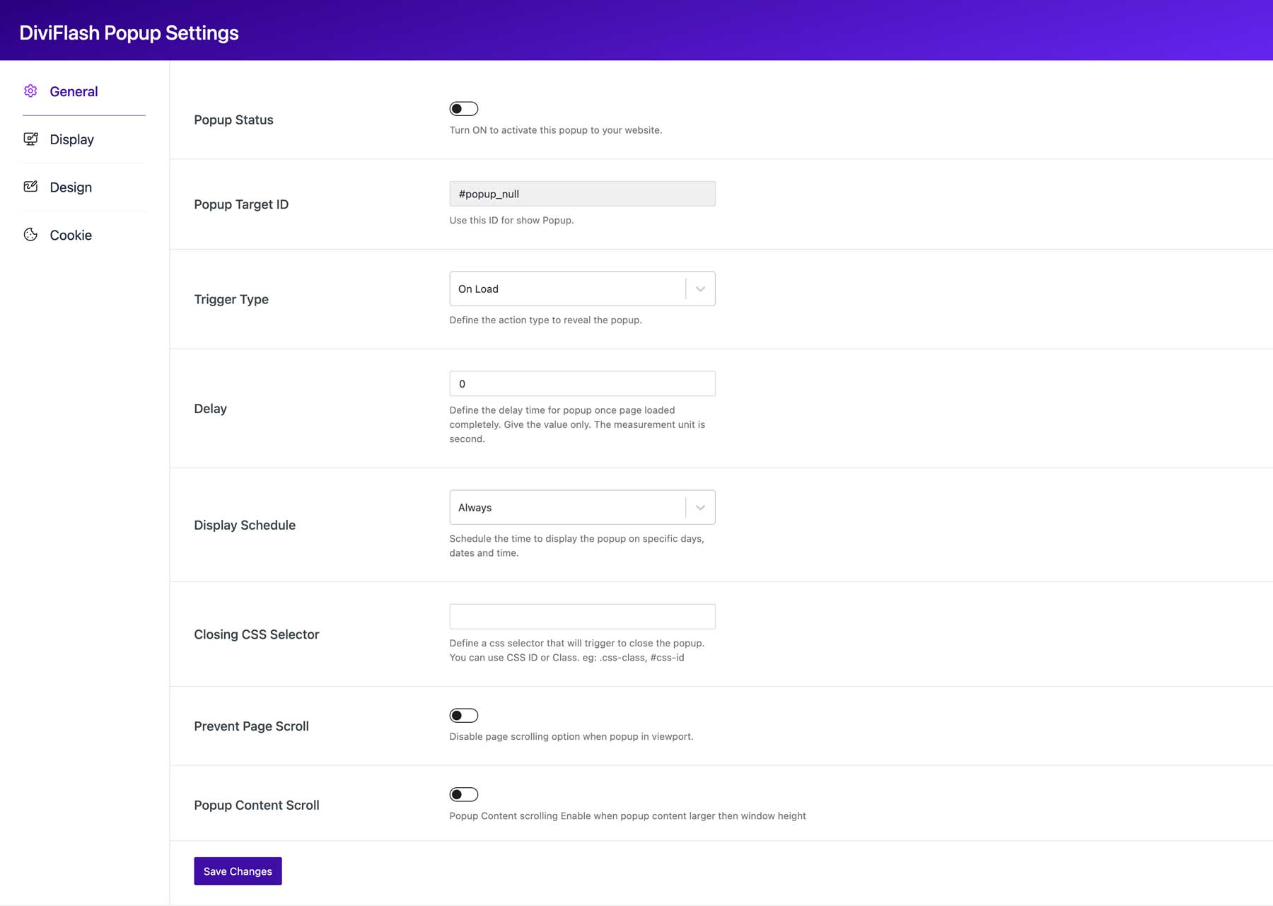 Divi Flash popup settings