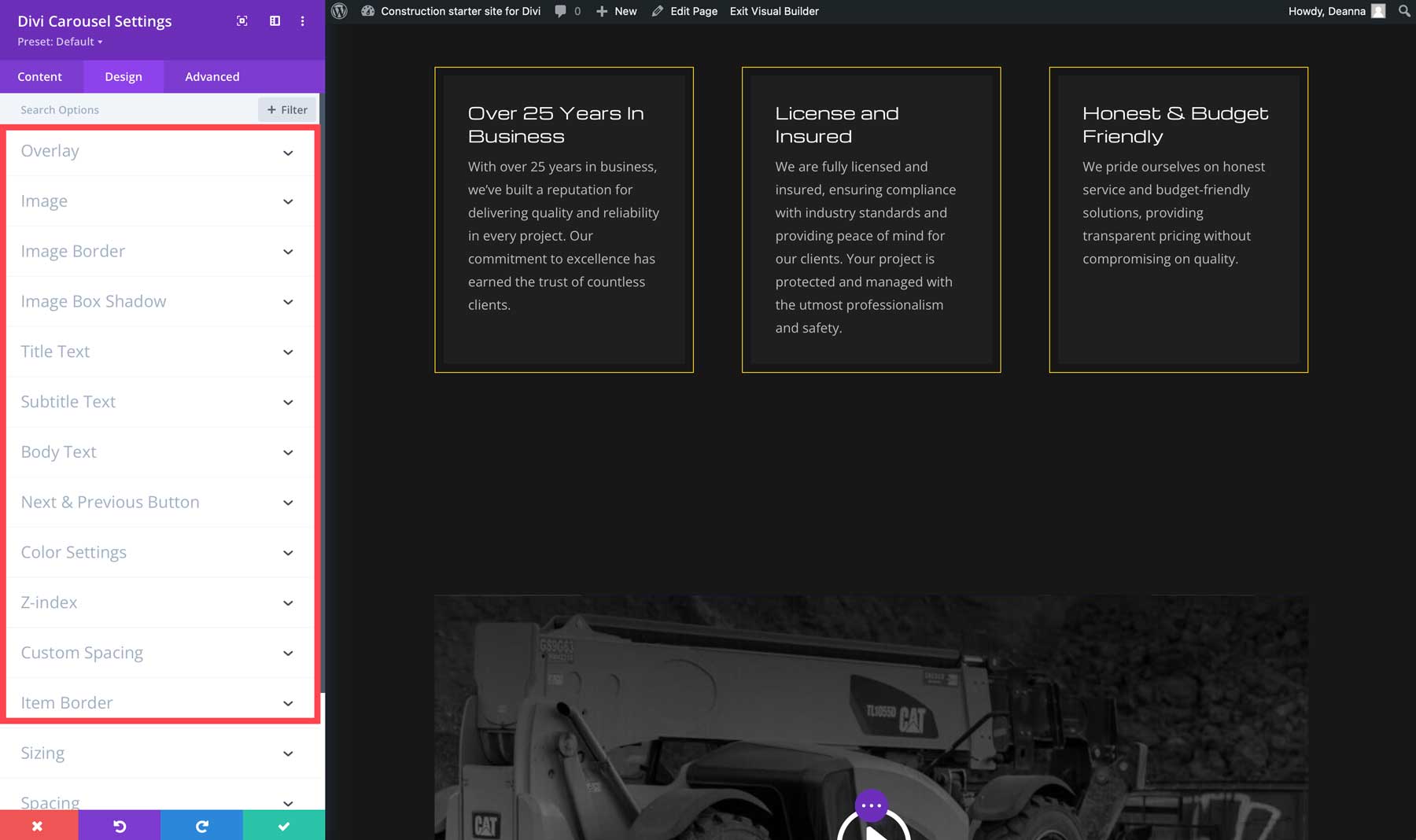 carousel design settings