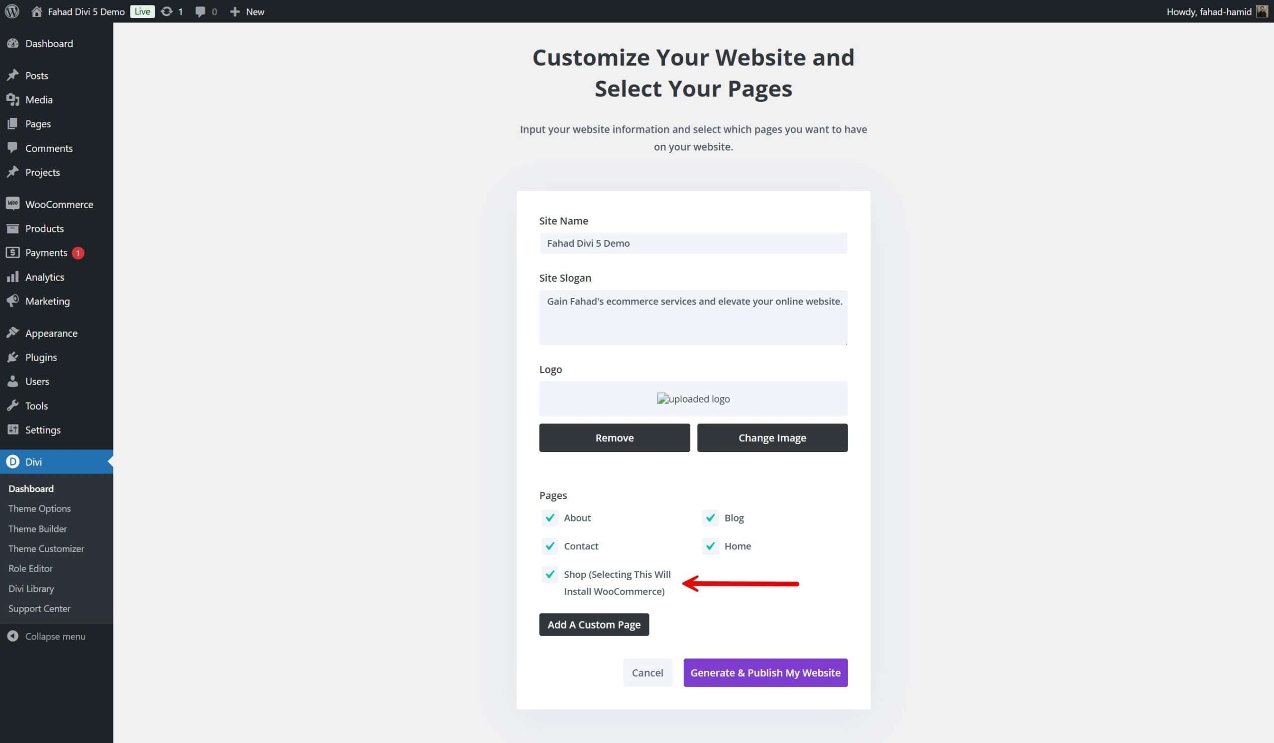 divi quick sites woocommerce option