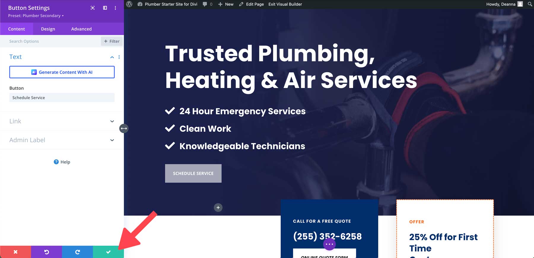 plumber starter site for divi