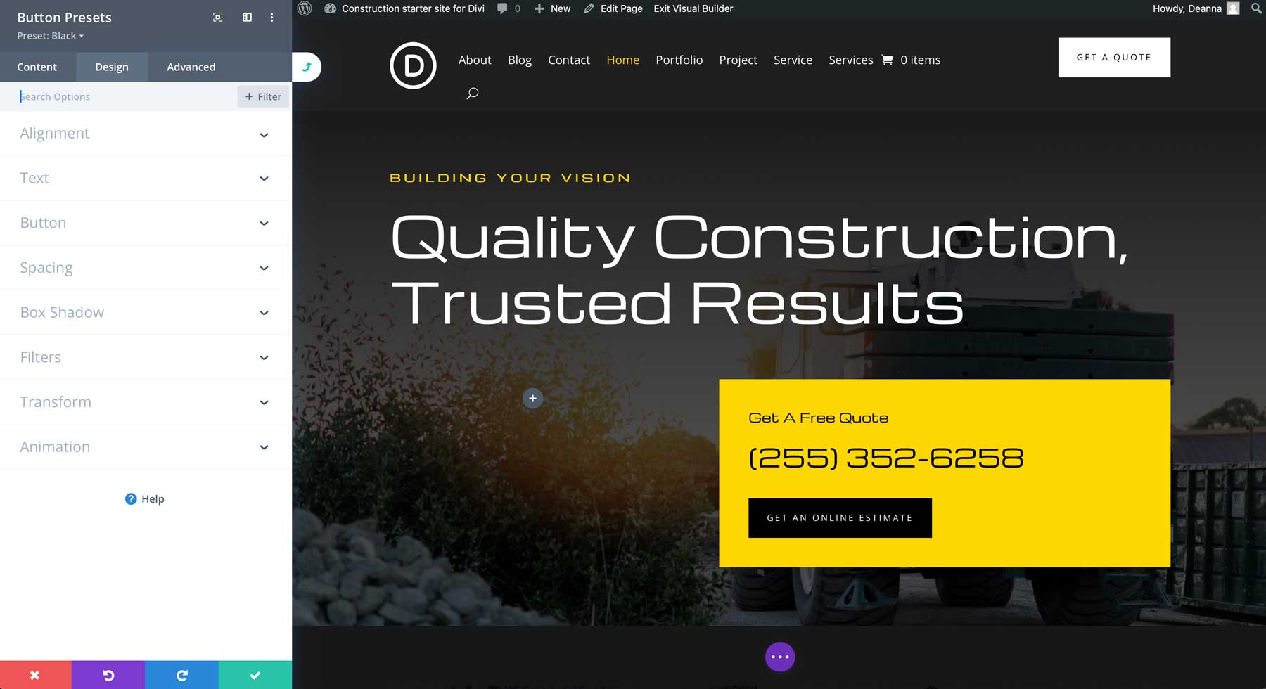 construction starter site for Divi