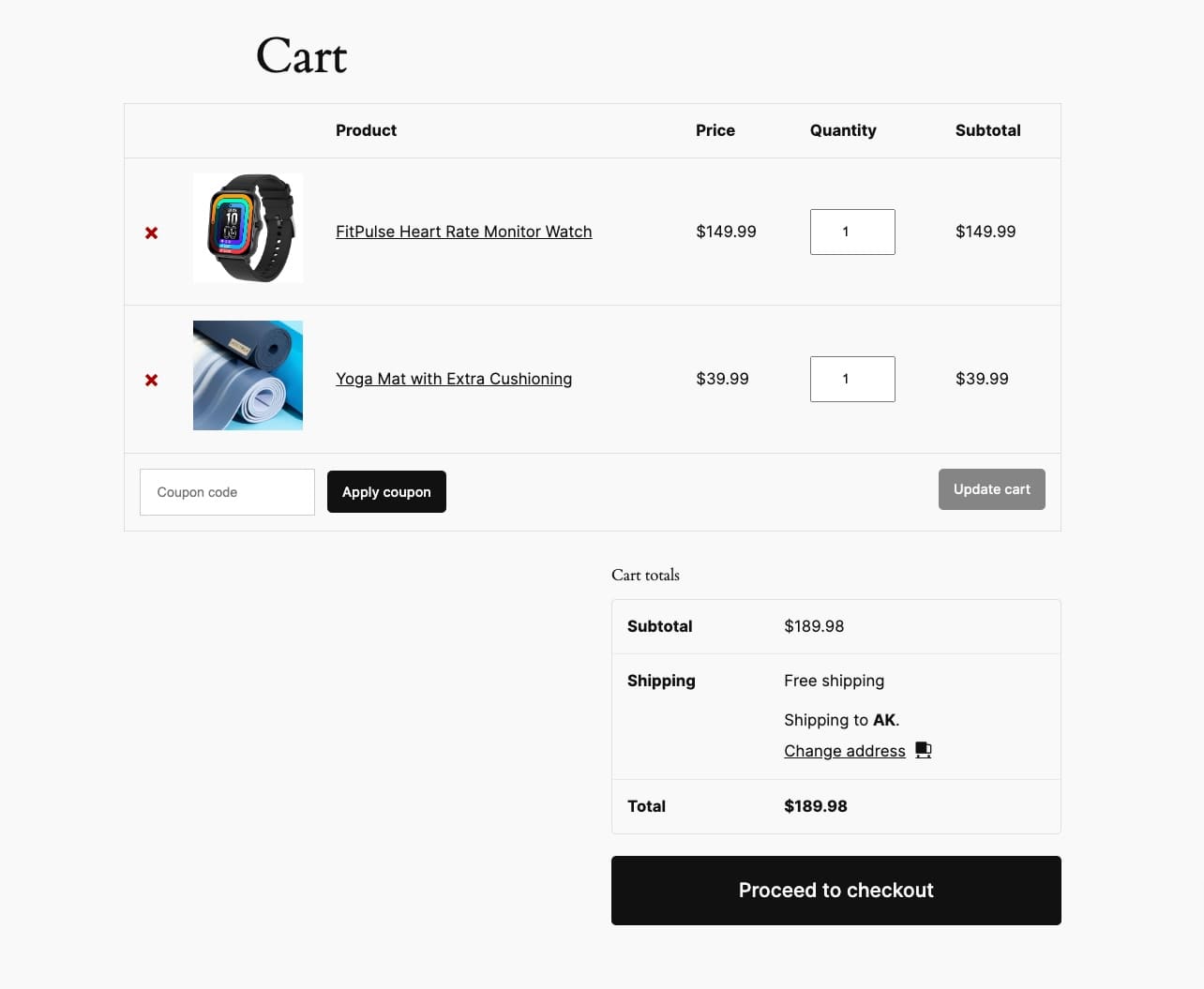 uncustomized cart page