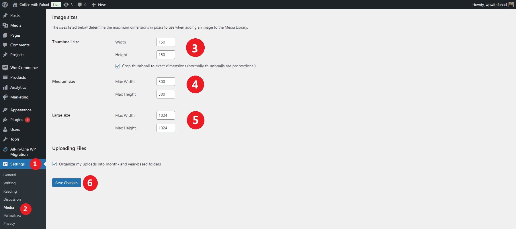 wordpress default size image