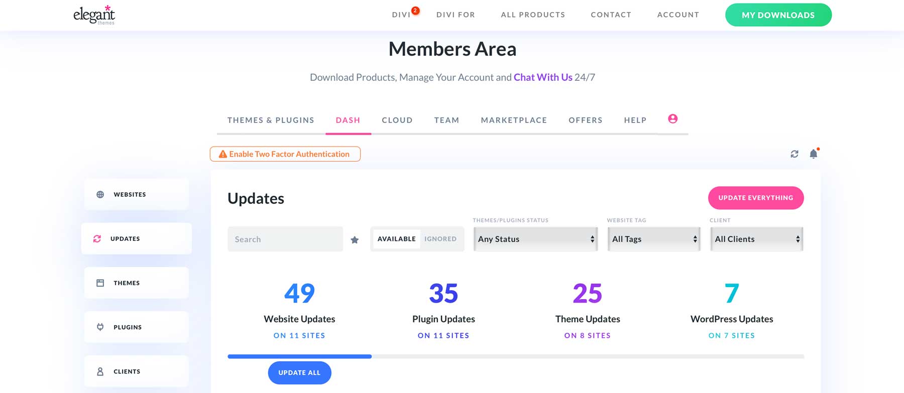 Divi Dash updates tab