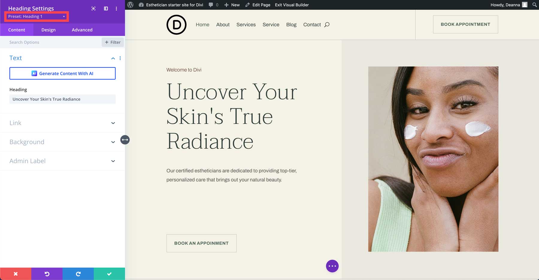 Esthetician starter site for Divi