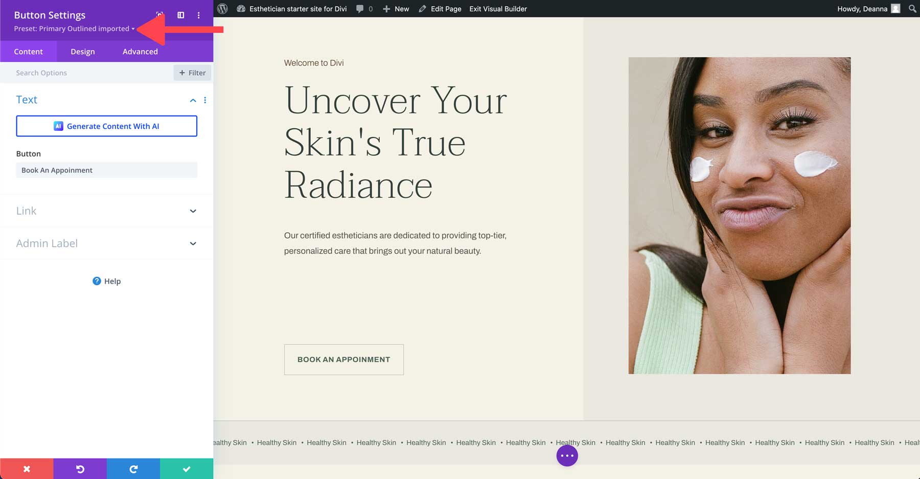 Esthetician starter site for Divi