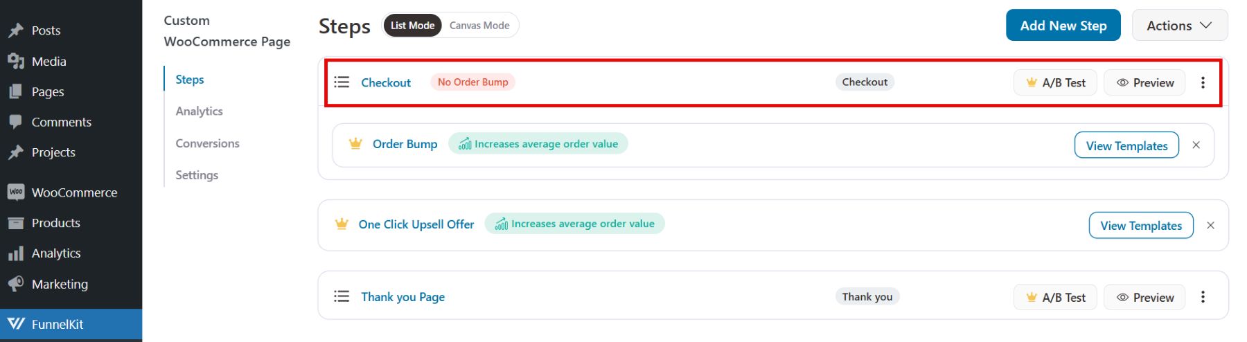 funnelkit checkout dashboard