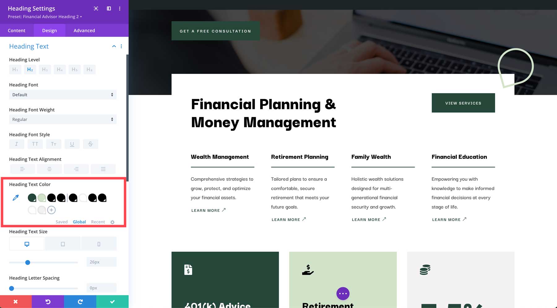 Financial Advisor starter site for Divi