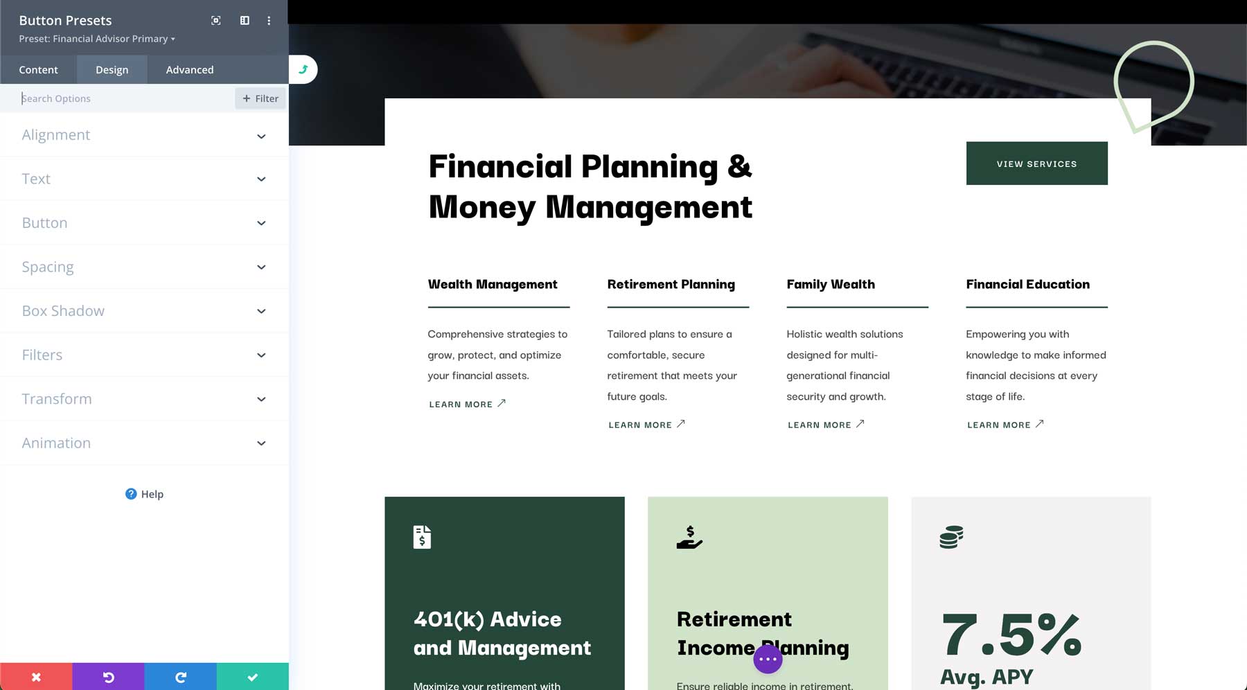 Financial Advisor starter site for Divi