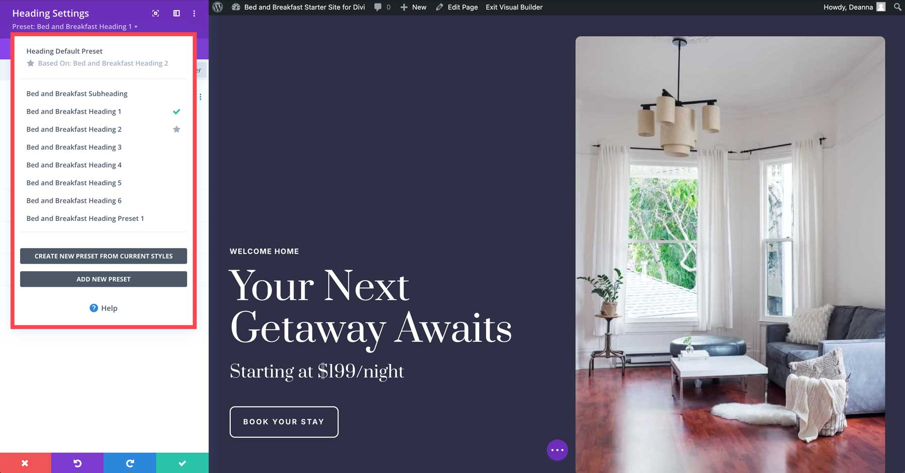 bed and breakfast starter site for Divi