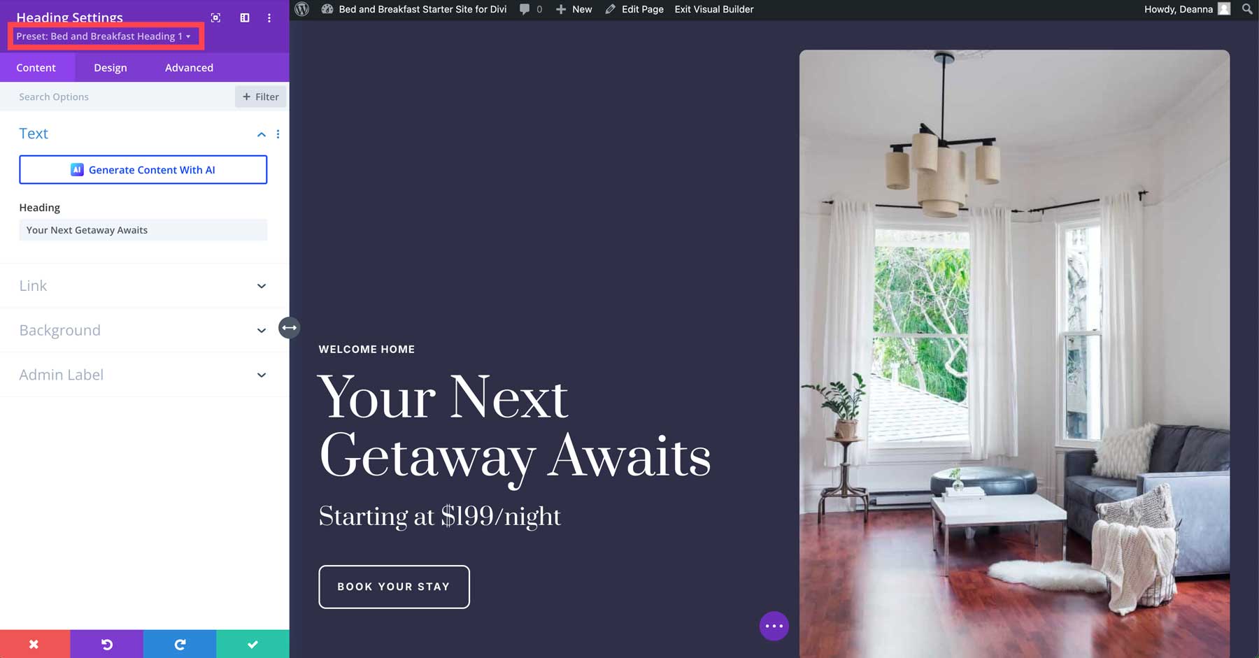 bed and breakfast starter site for Divi