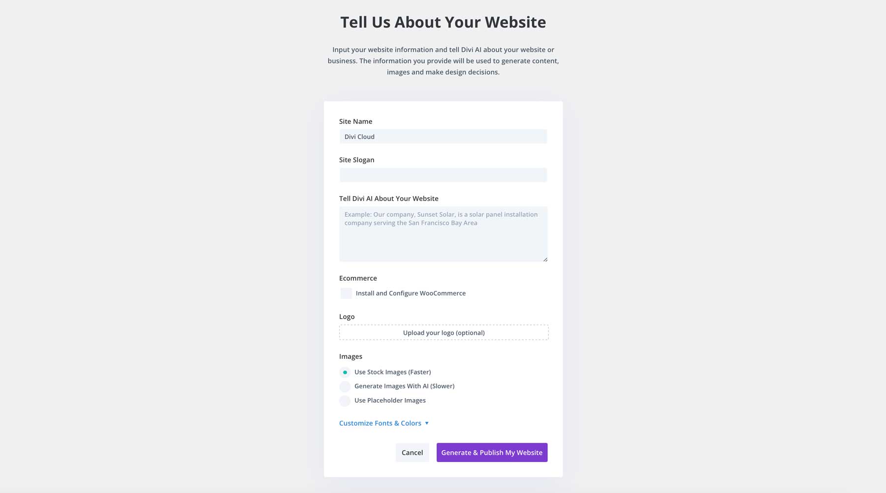 Divi AI website generation