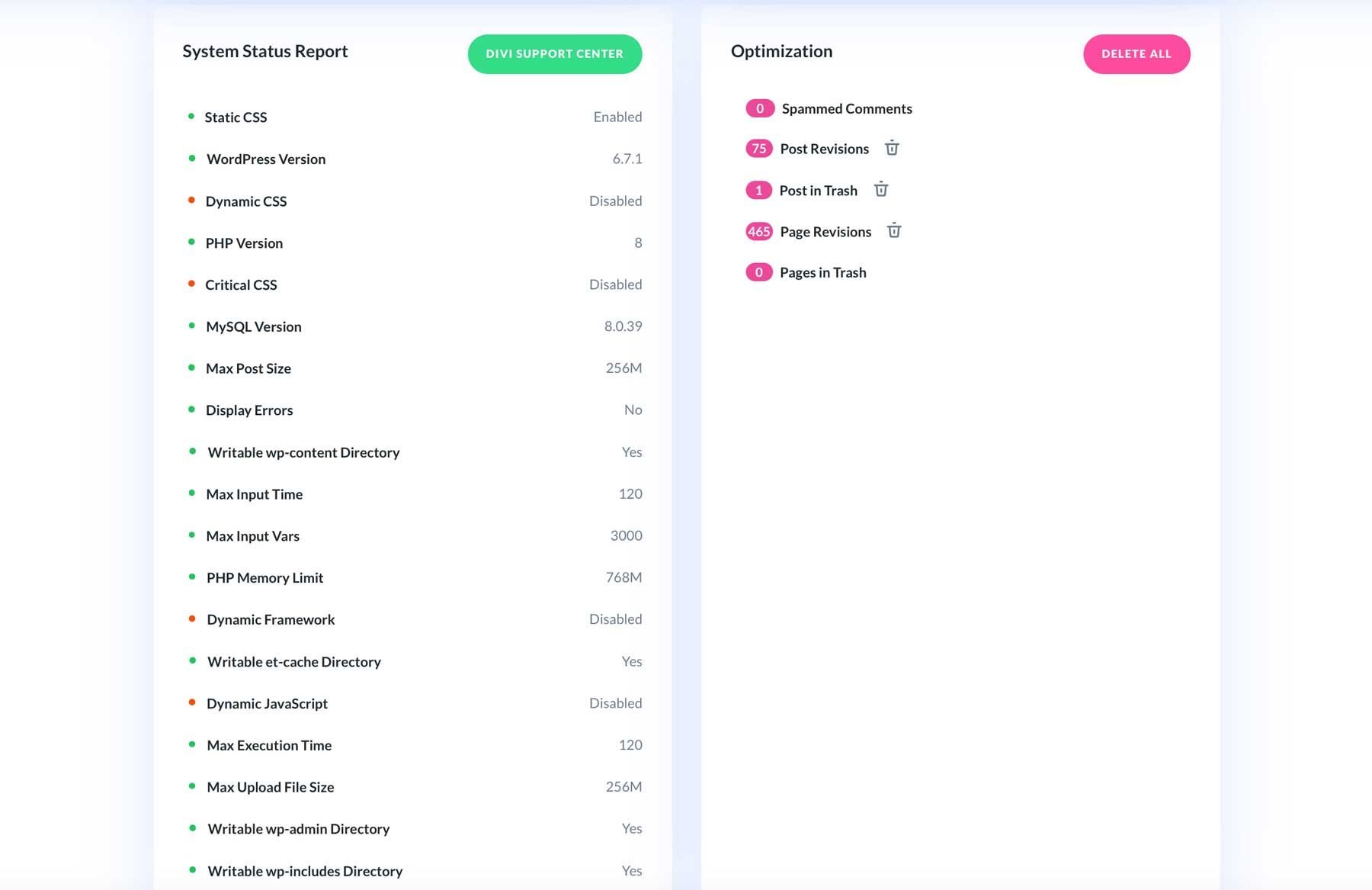 Divi Dash system status report