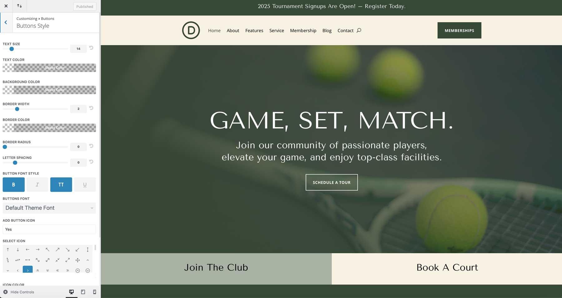 tennis club starter site for Divi