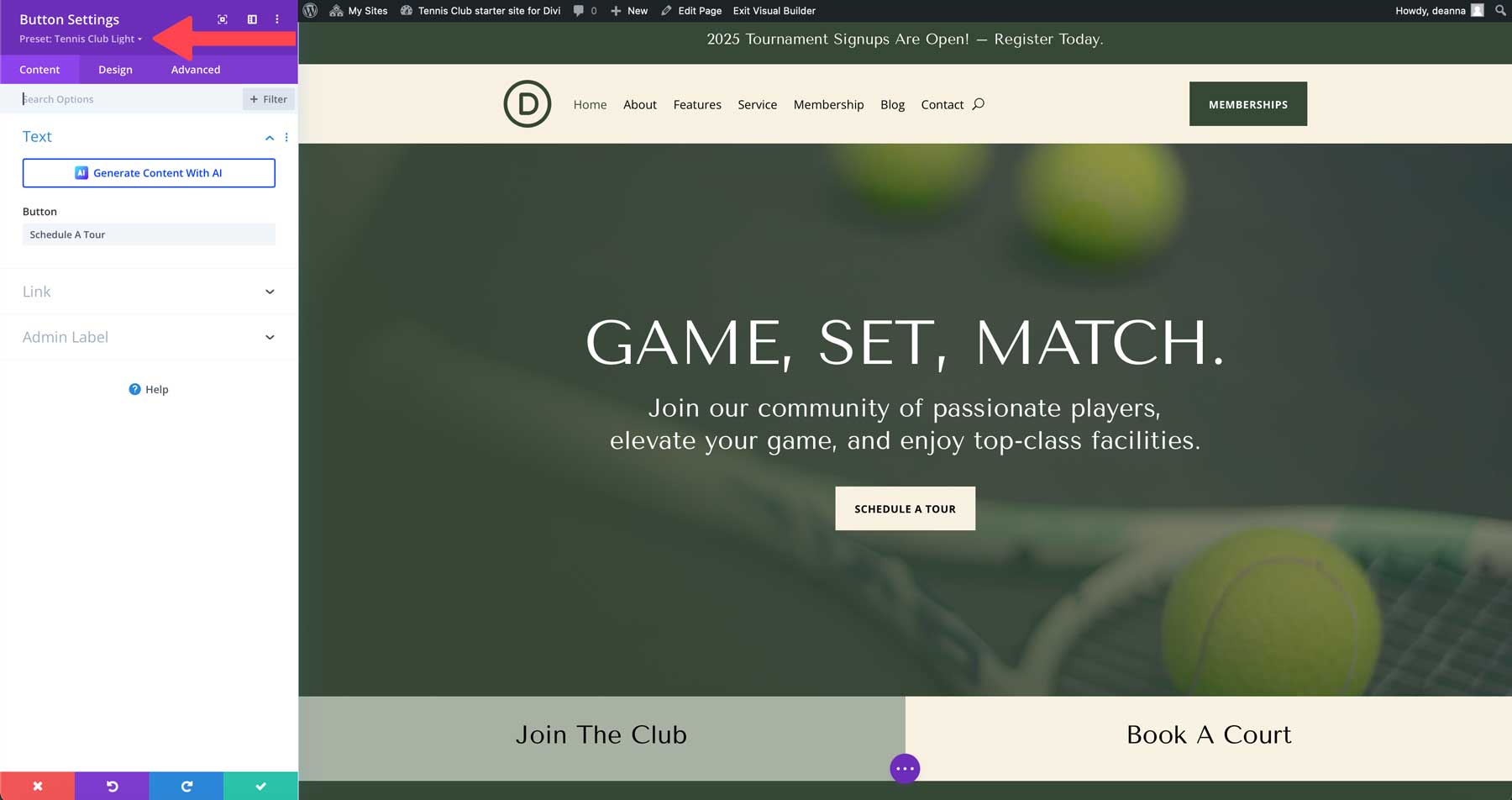 tennis club starter site for Divi