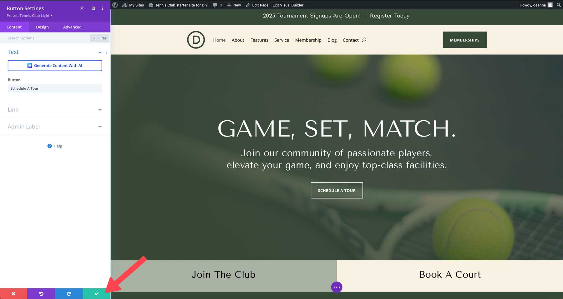 tennis club starter site for Divi