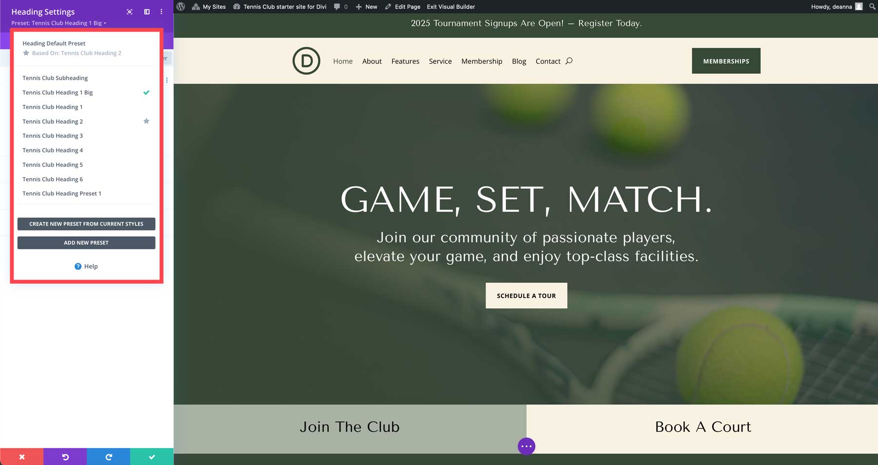 tennis club starter site for Divi