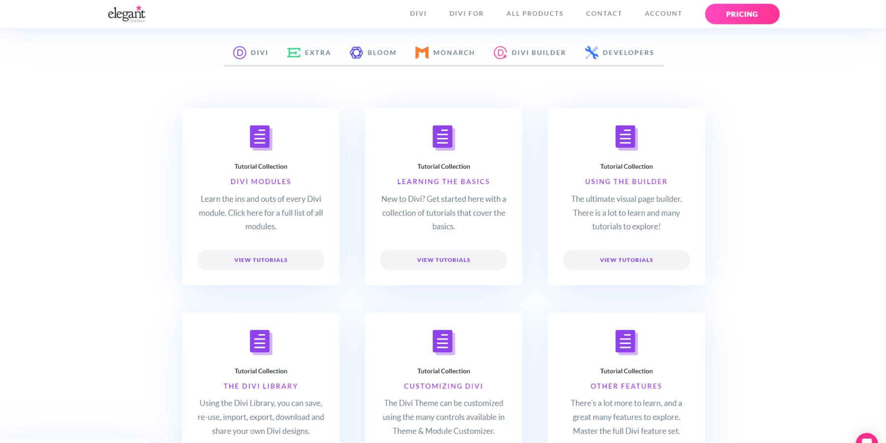 A screenshot of Divi's documentation page