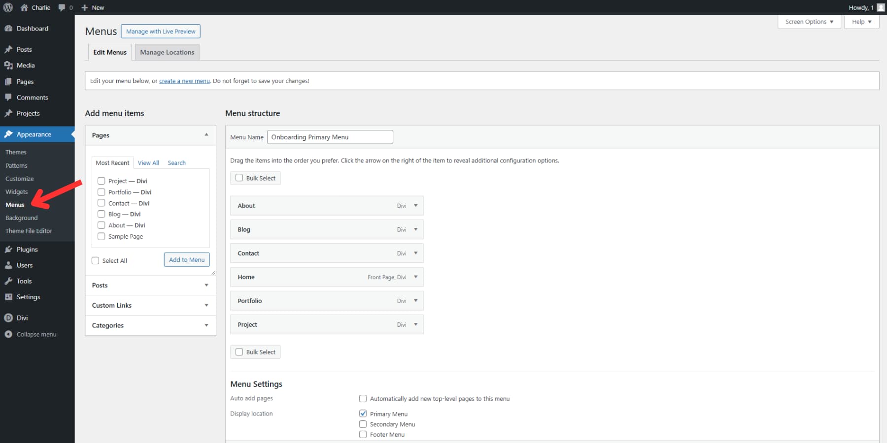 A screenshot of where to find menu options in WordPress