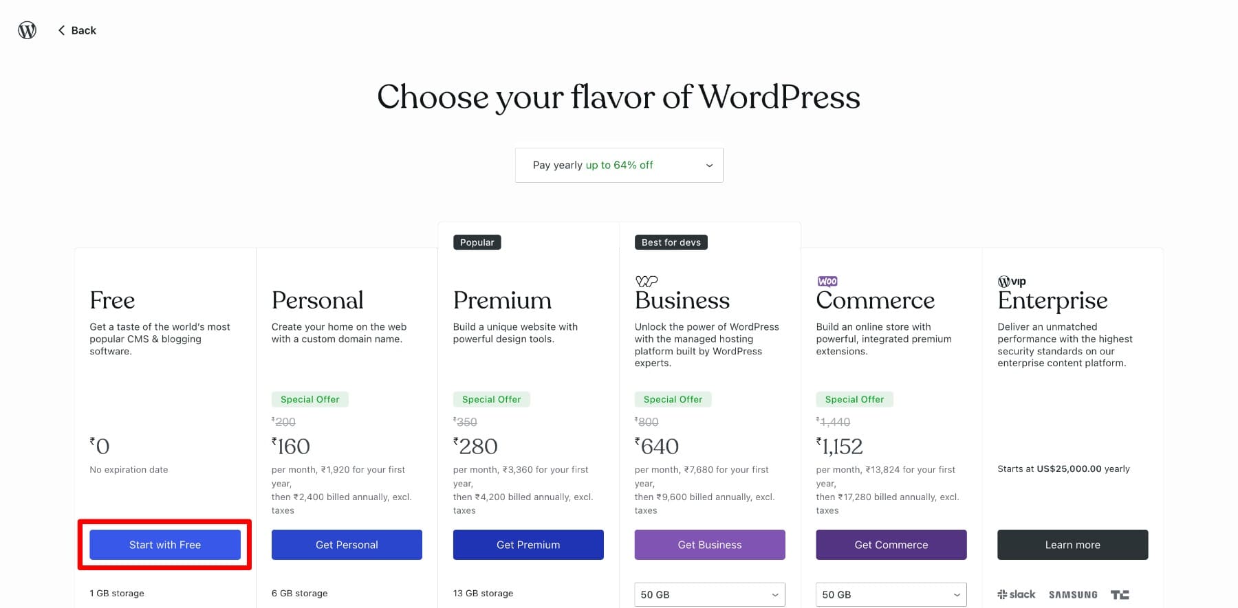 choose free plan in wordpress