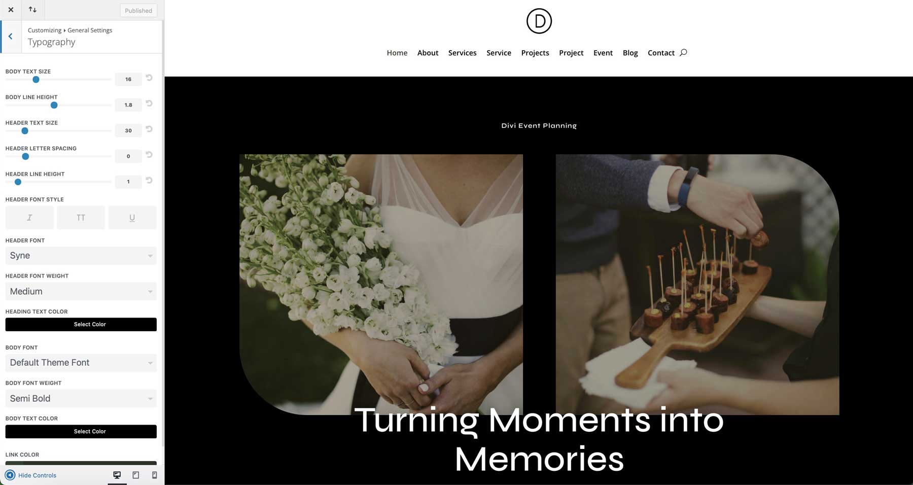 Event planner starter site for Divi