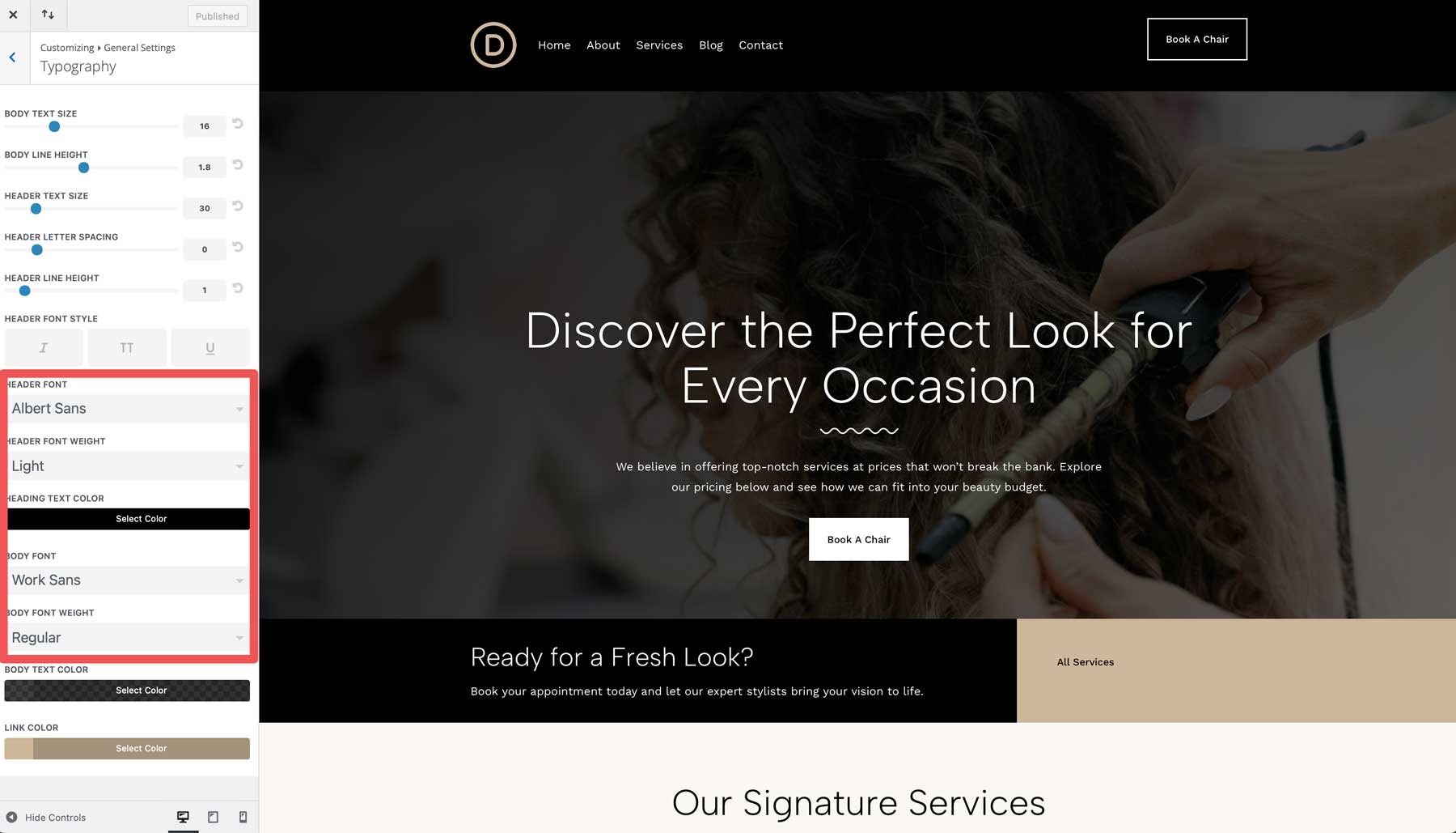 salon starter site for Divi