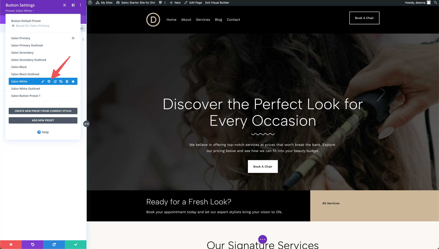 salon starter site for Divi