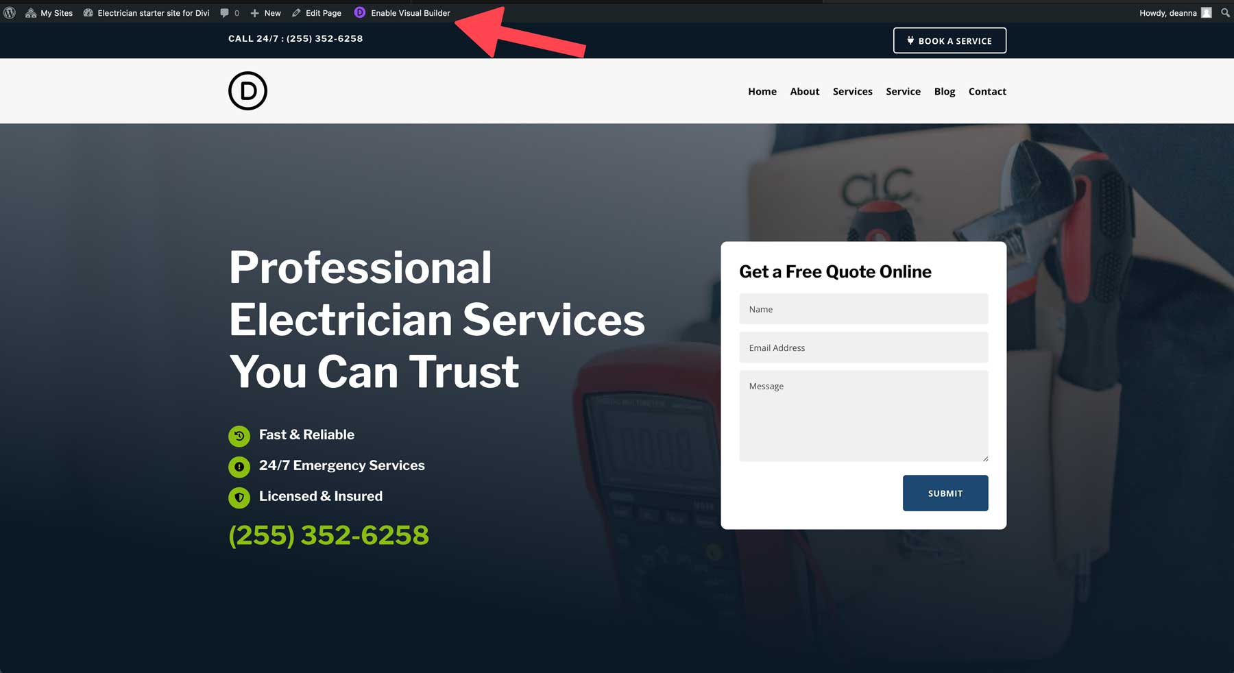 Electrician starter site for Divi