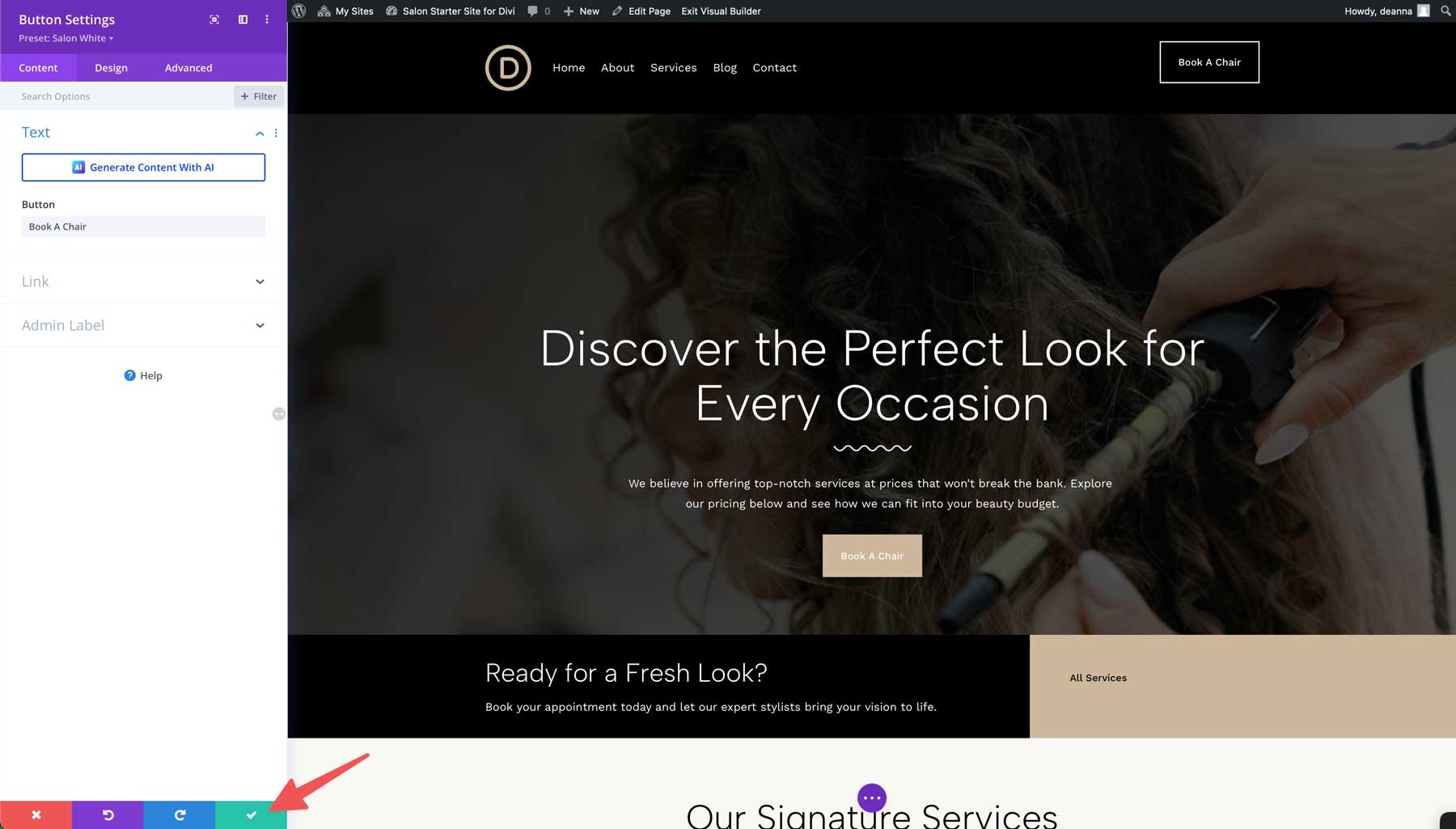 salon starter site for Divi