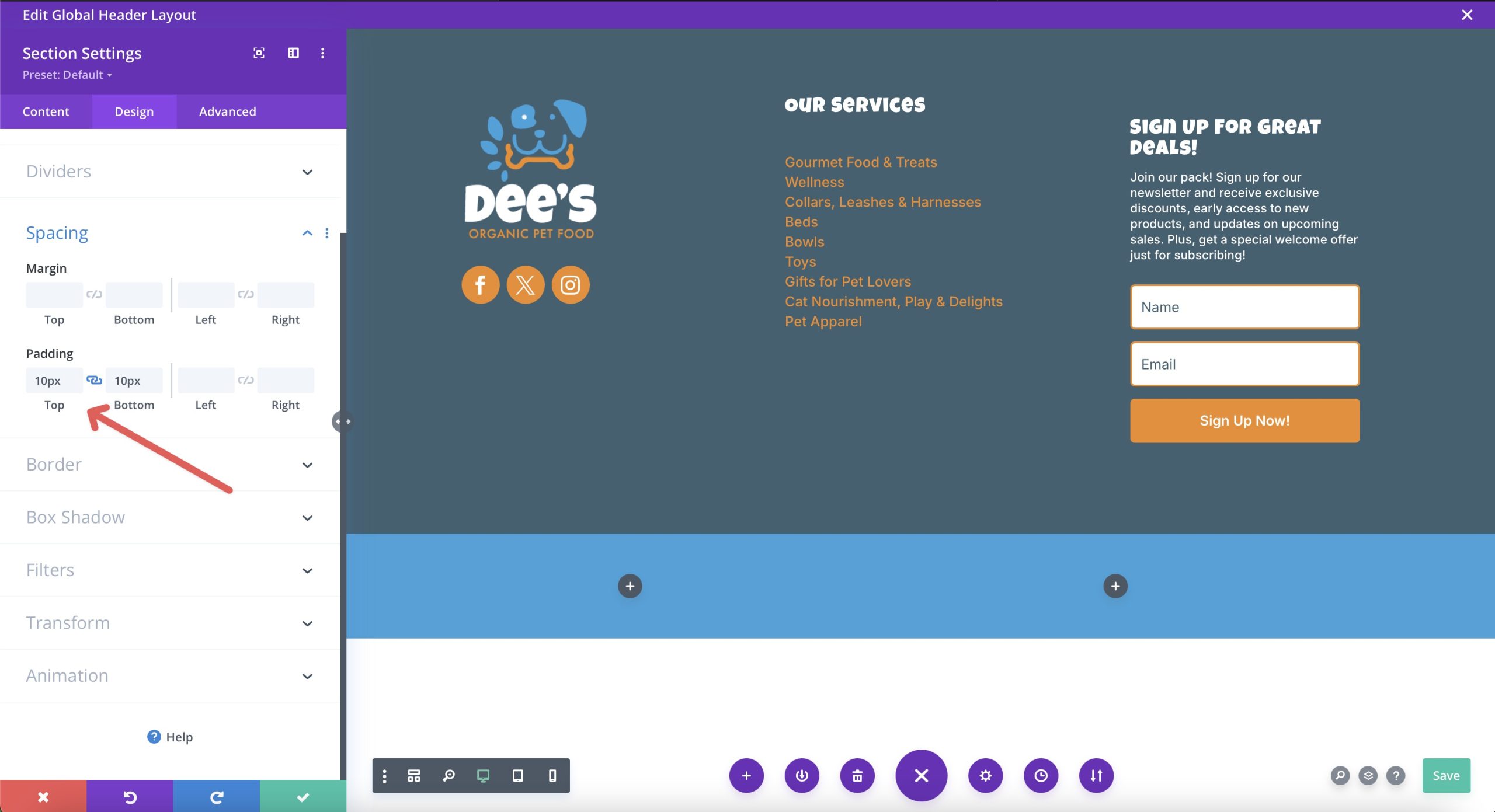 how to design a footer with Divi