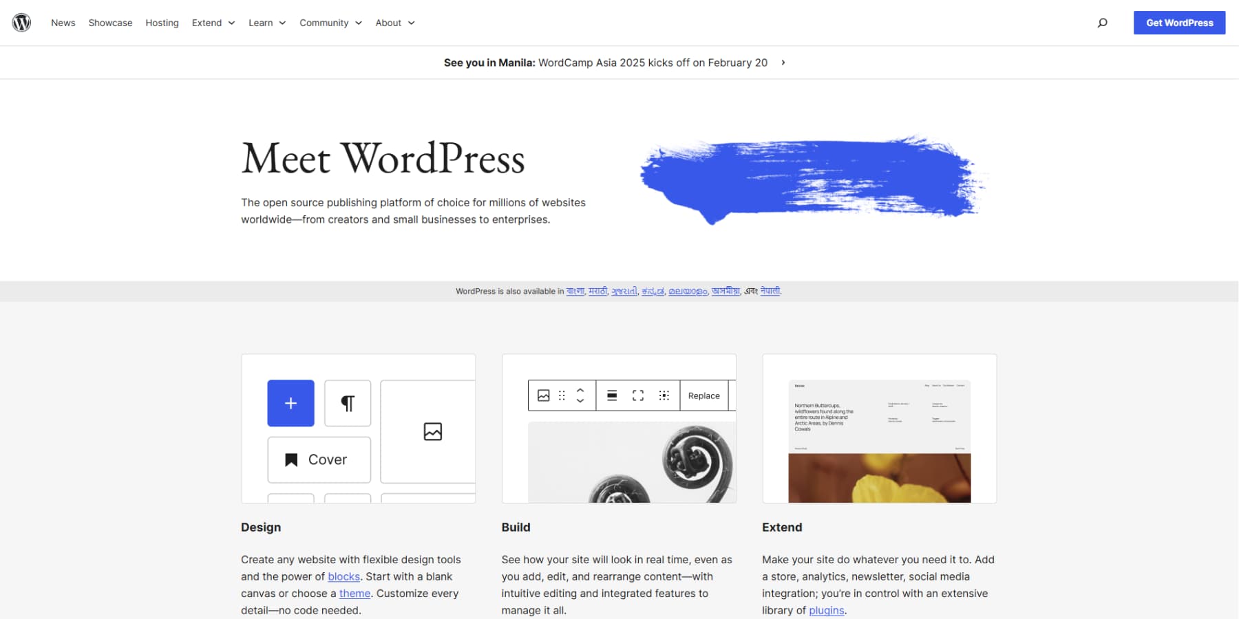 A screenshot of WordPress' homepage