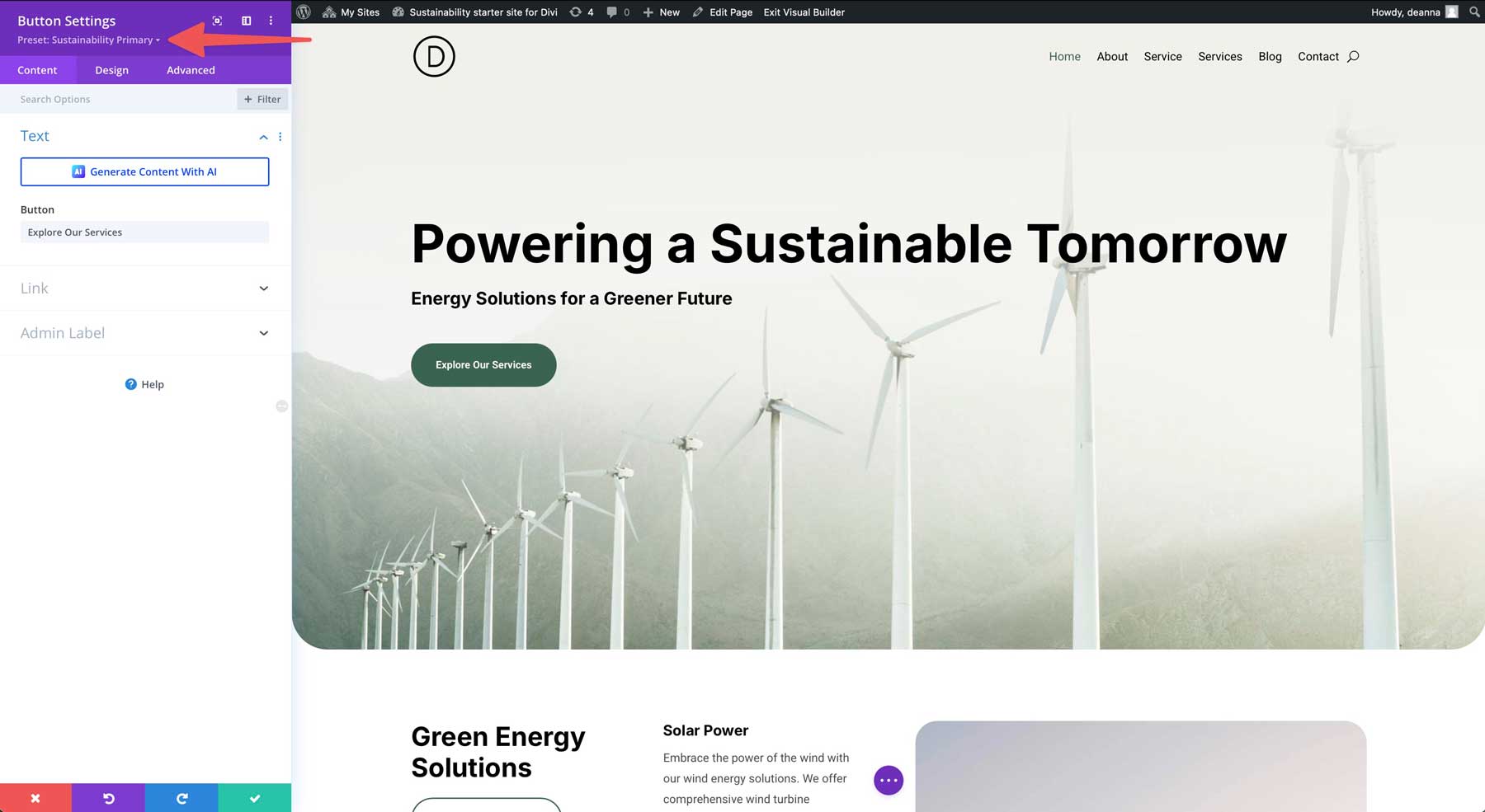 Sustainability starter site for Divi