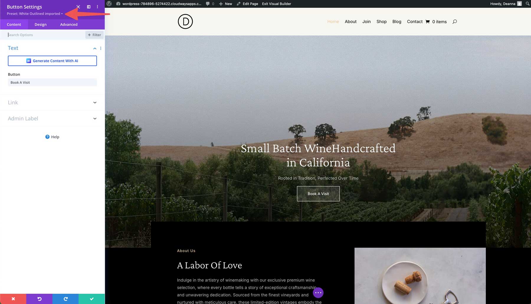 winery starter site for Divi