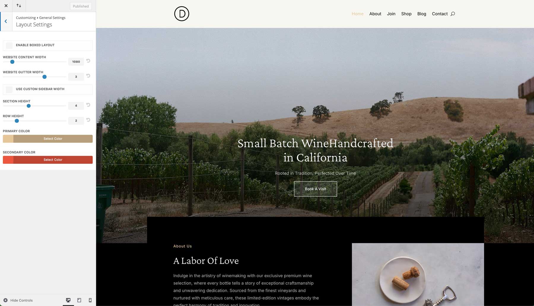 winery starter site for Divi