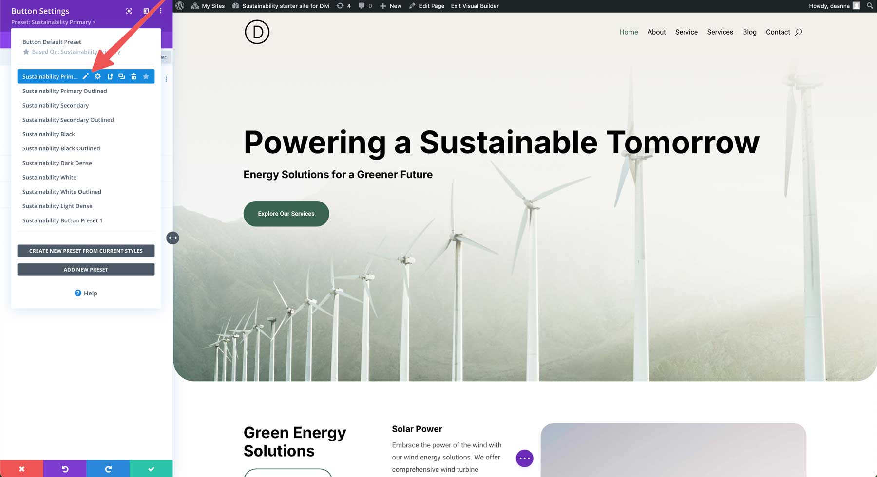 Sustainability starter site for Divi