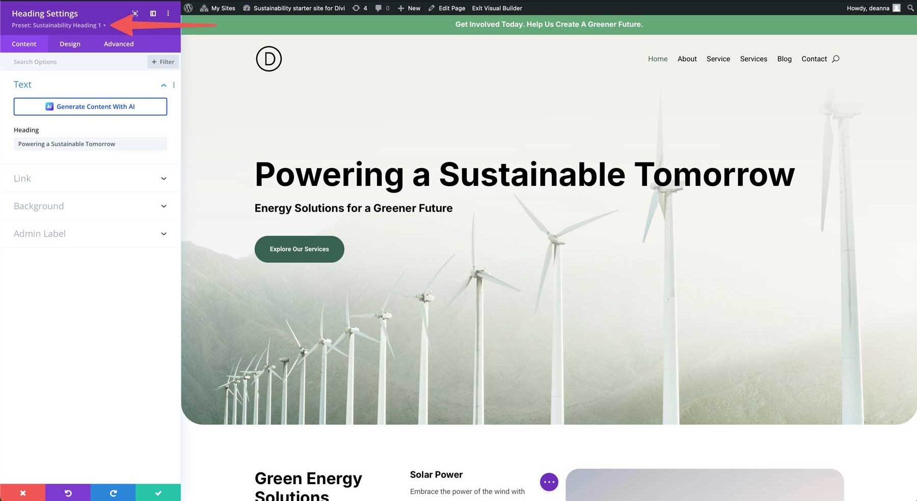 Sustainability starter site for Divi