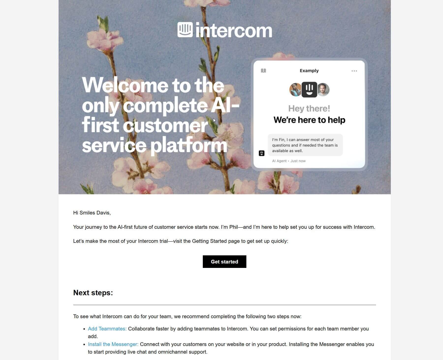 Welcome Email Example from Intercom