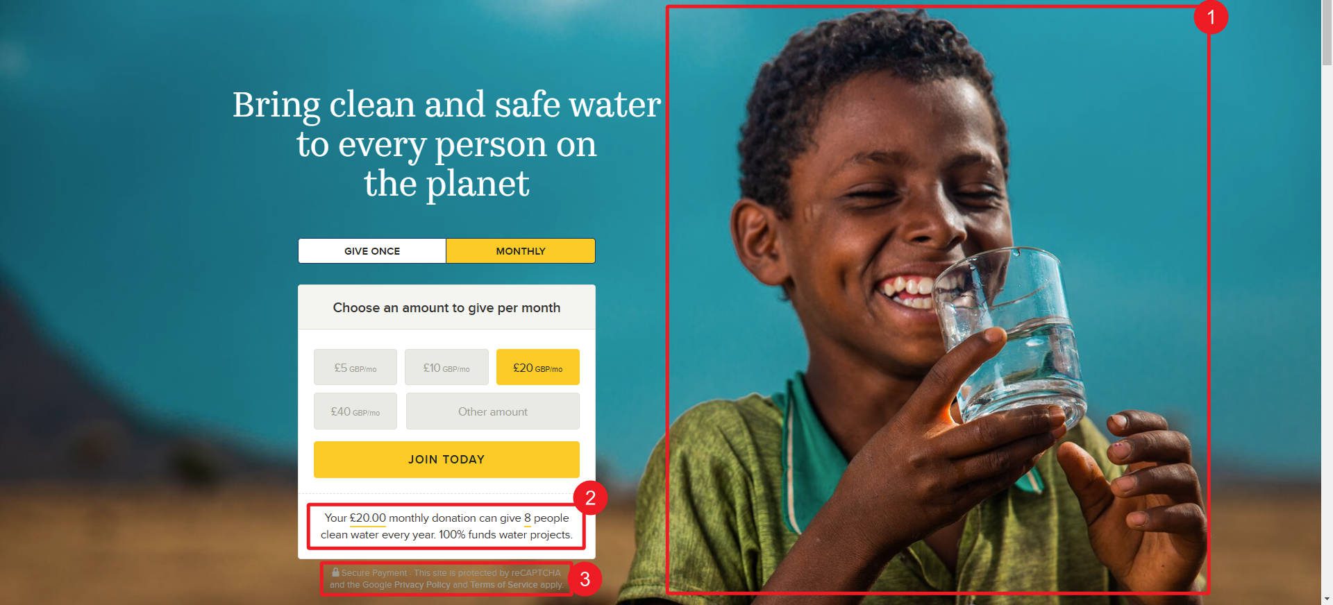 Charity Water Example of On-Page Elements that Encourage a Donation Conversion