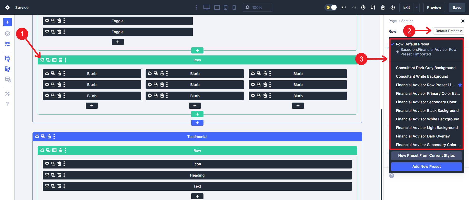 Example of Presets for Divi Rows and Sections