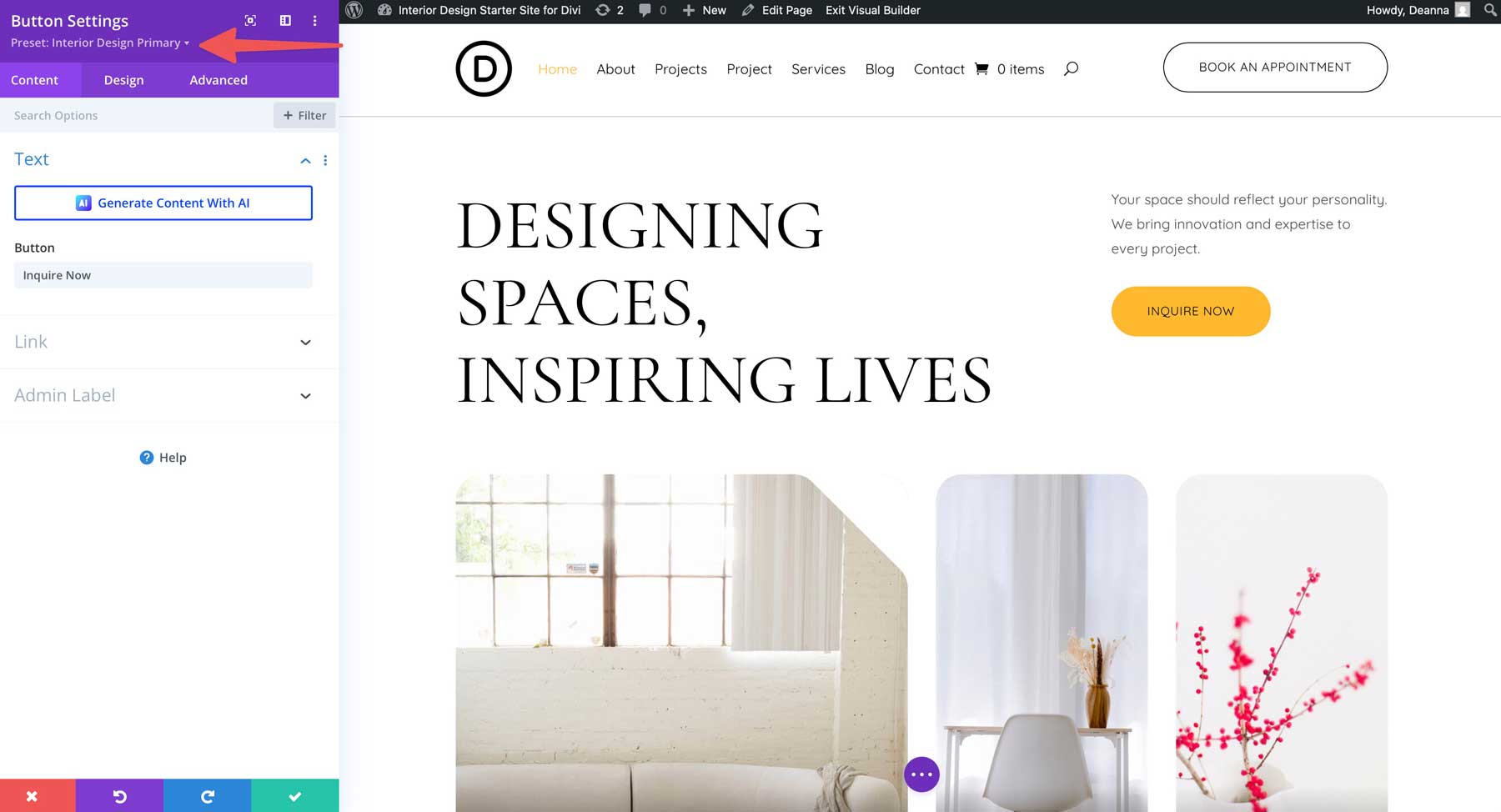 Interior Design starter site for Divi